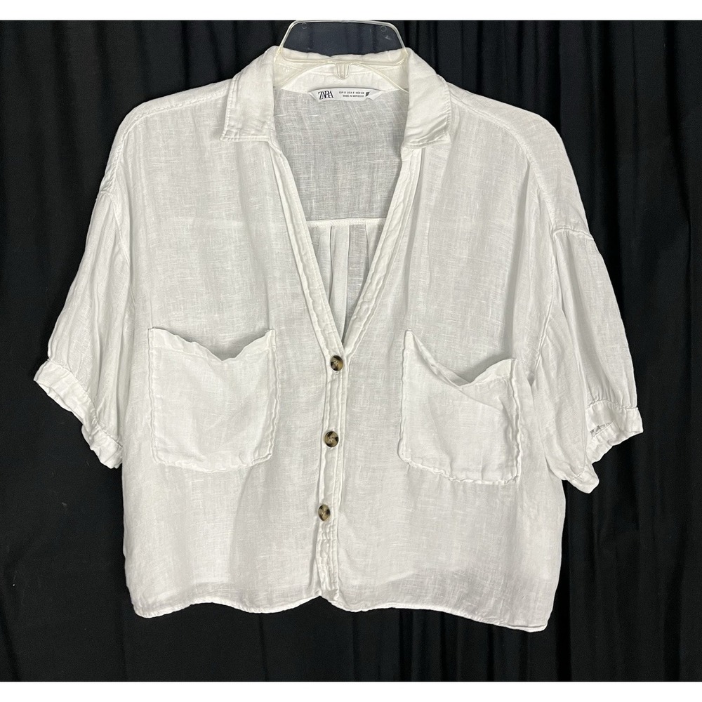 Zara Size S White Linen Button-Up Collared Short Sleeve Crop Shirt